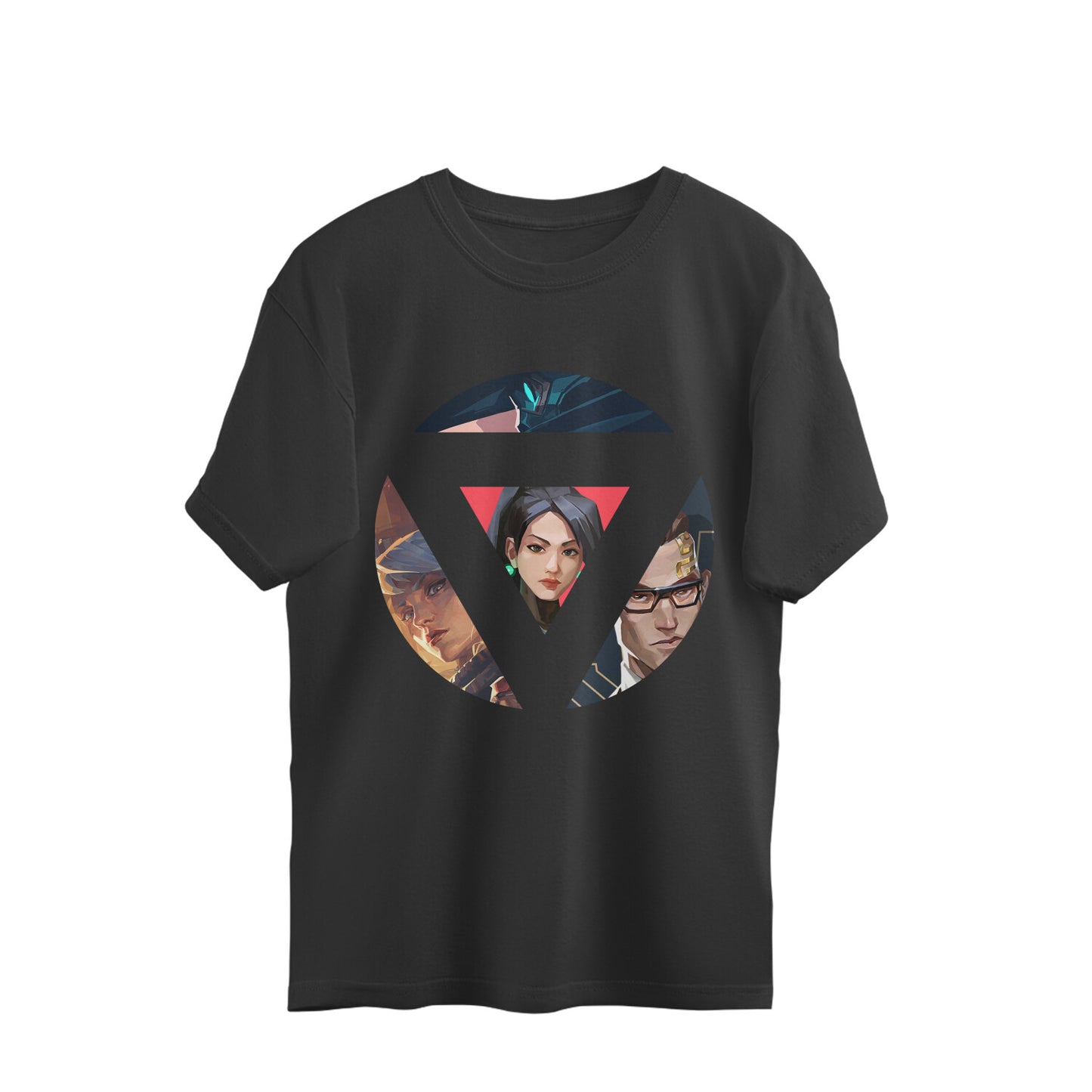 Black t-shirt with a graphic design of three stylized faces in a circular arrangement on a white background.
