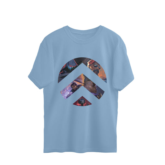 Blue t-shirt with a colorful graphic design on a white background