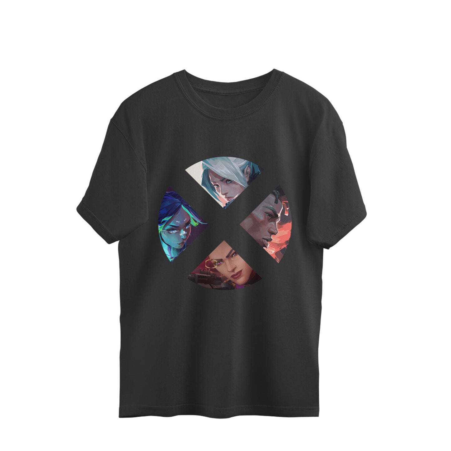 Black t-shirt with colorful graphic design on a white background