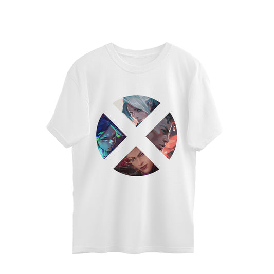 White t-shirt with a colorful graphic design on a white background