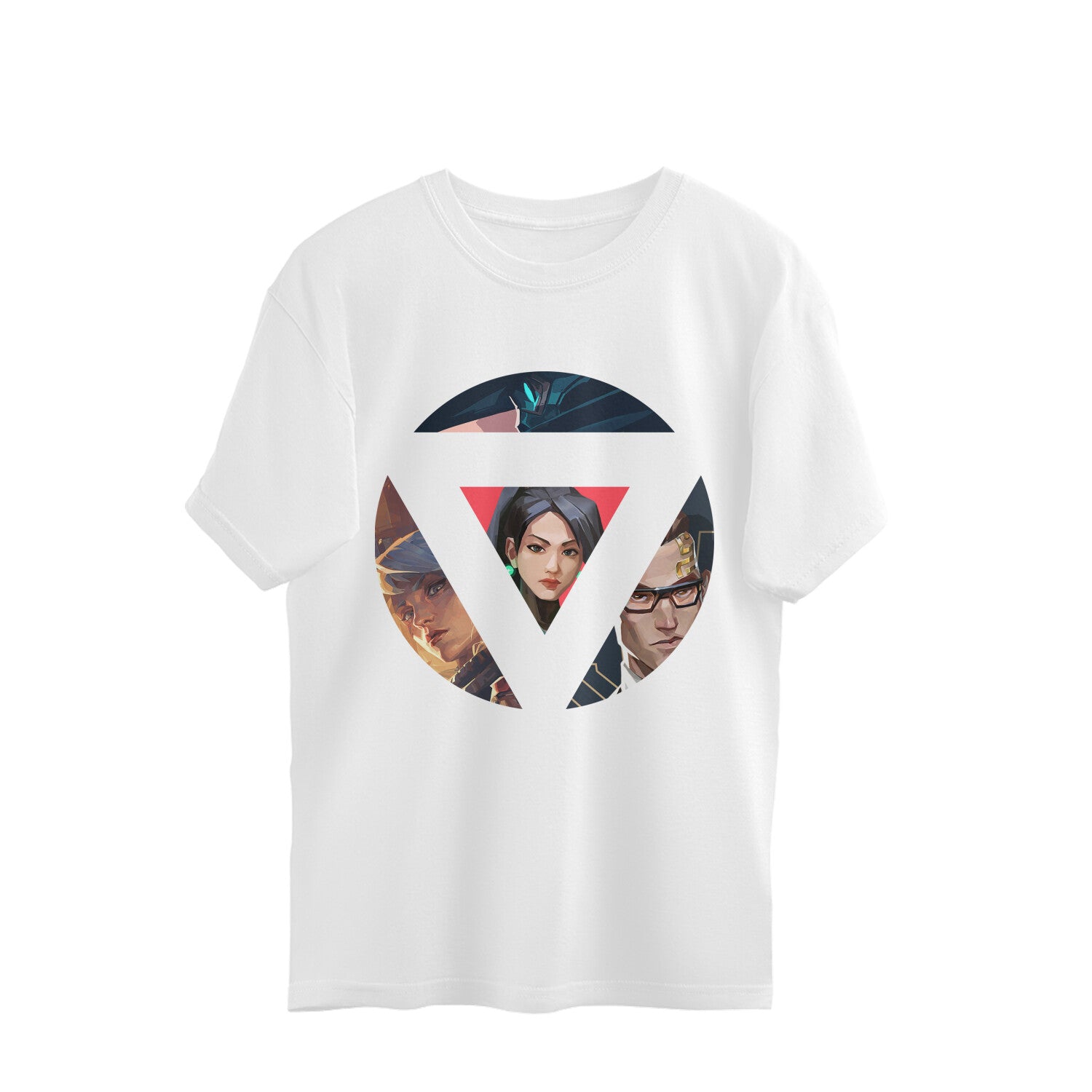 White t-shirt with a graphic design featuring three faces in a circle on a white background