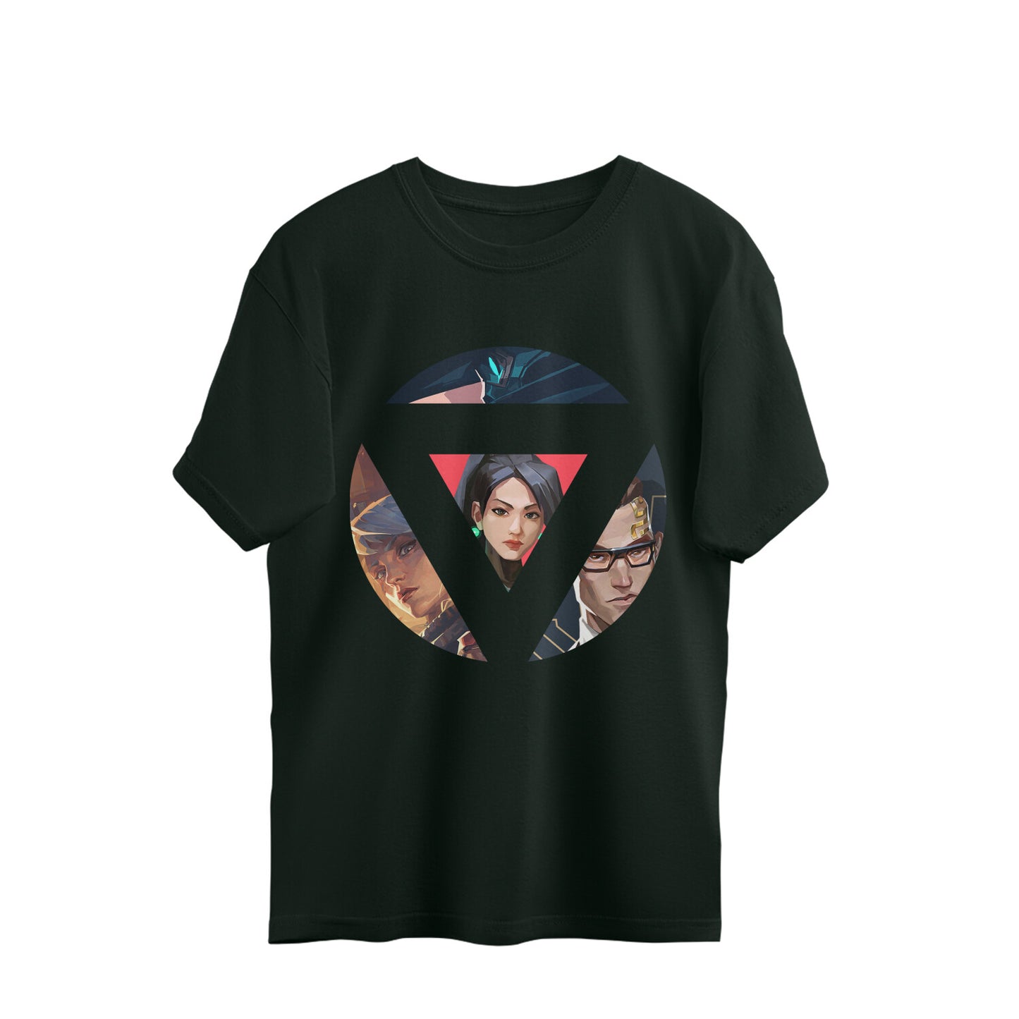 Bottle Green t-shirt with graphic design of three faces in a circle on a white background