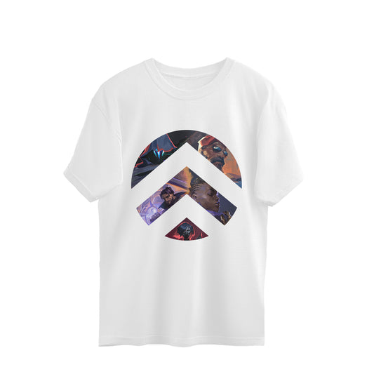 White t-shirt with a colorful geometric design on a white background