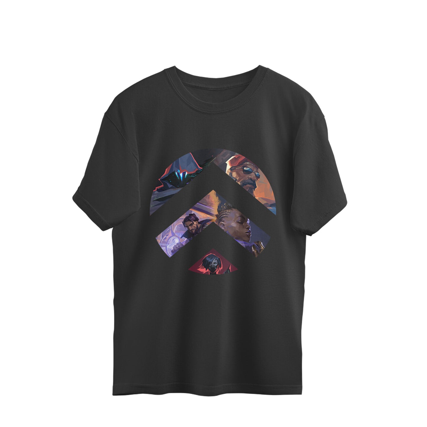 Black t-shirt with a colorful graphic design on a white background
