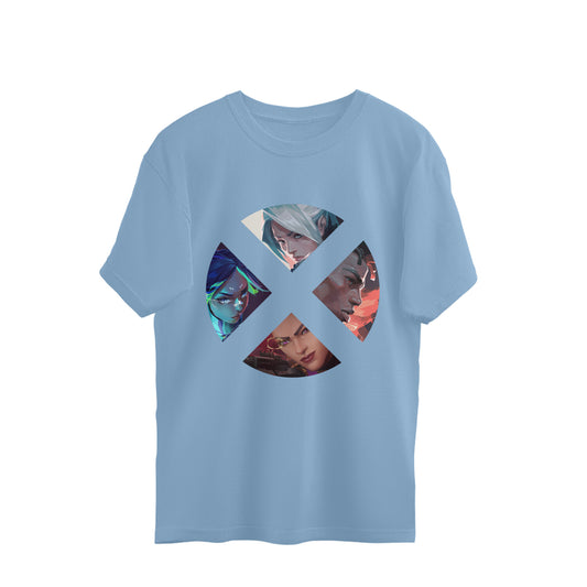 Light blue t-shirt with a graphic design featuring four characters in a cross shape on a white background