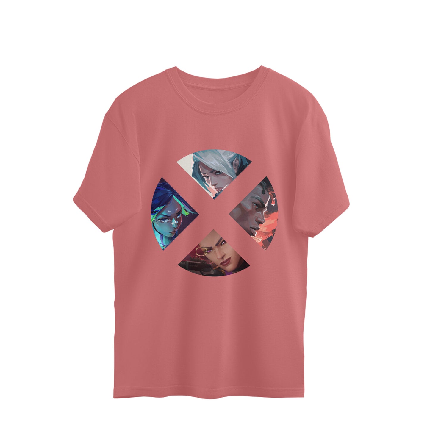 Pink t-shirt with a colorful graphic design on a white background