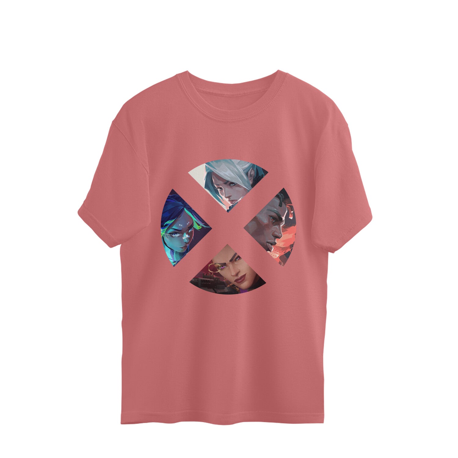 Pink t-shirt with a colorful graphic design on a white background